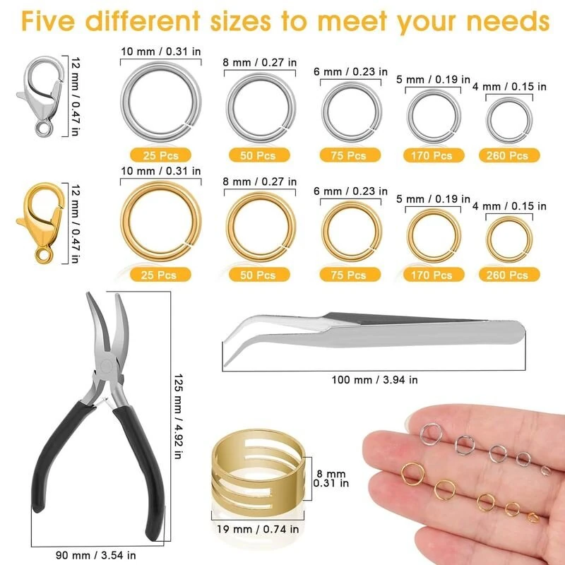 Craft Supplies Kit for Jewelry Making - Gold & Silver Jump Rings, Clasps & Tools with Case - Image 2