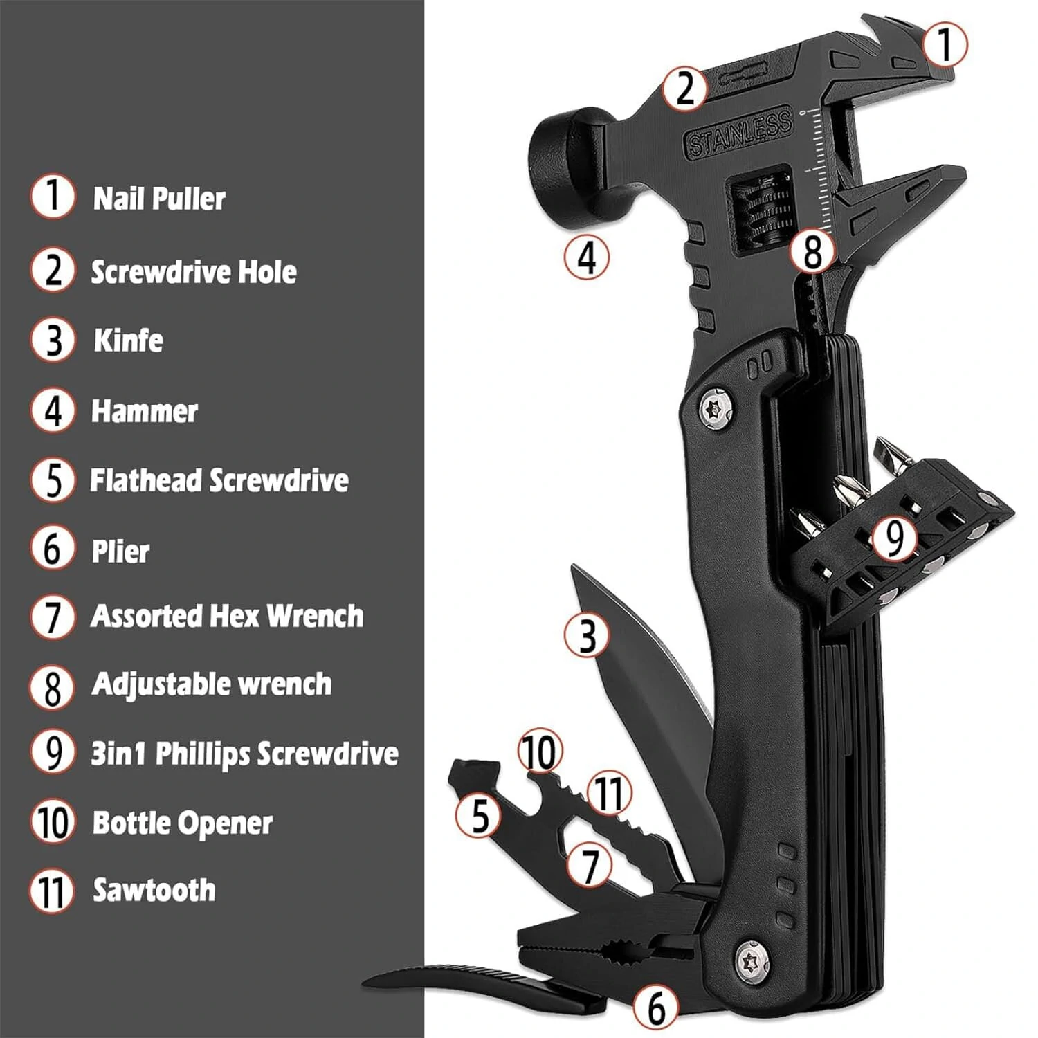 14 in 1 Multitool Hammer with Pliers, Saw & Wrench | Survival Gear Gift for Outdoorsmen - Image 2