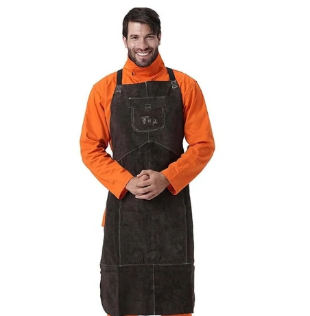 AP-6100 Full Leather Welding Apron - Charcoal Brown Breast Protector Series - Image 2