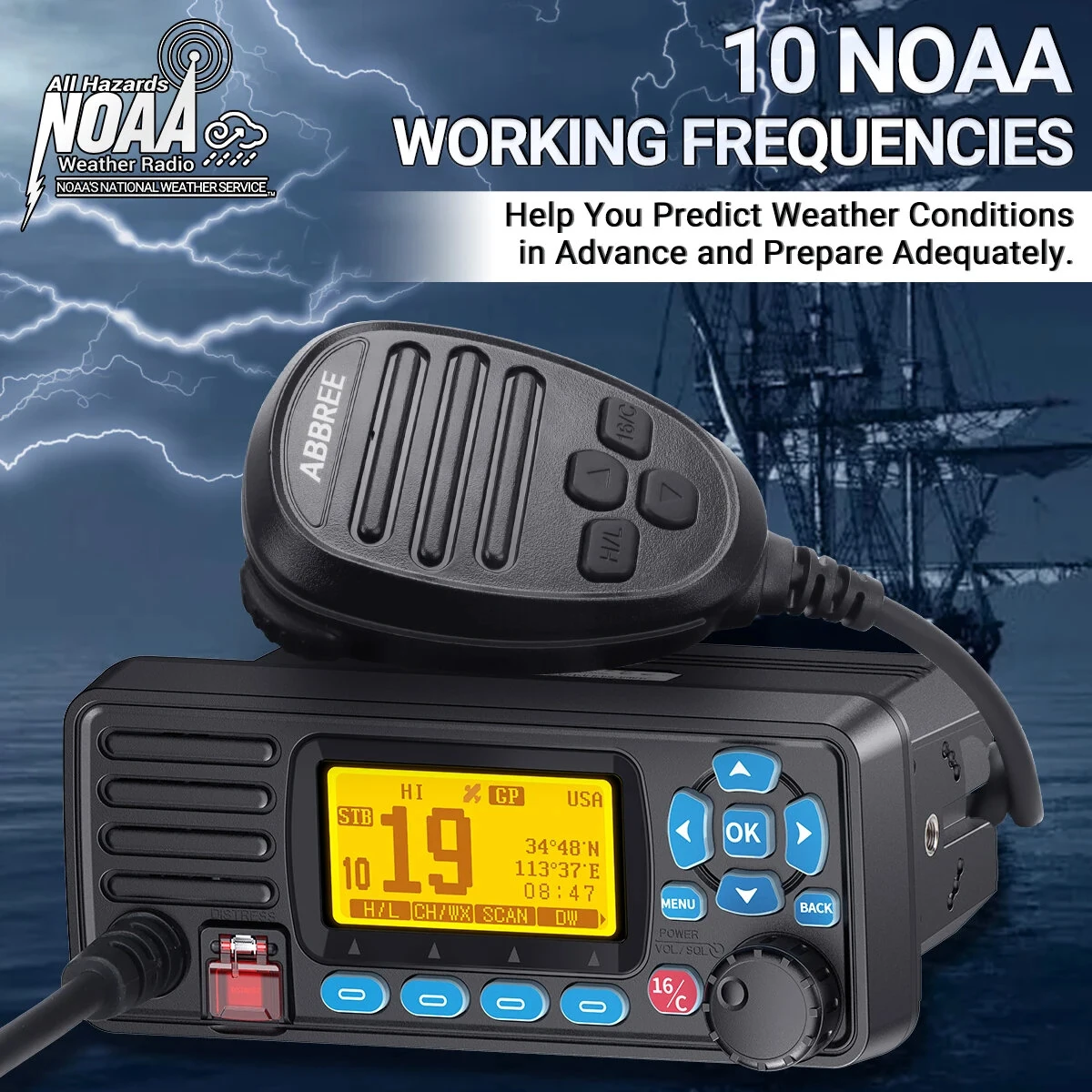 ABBREE AR-509MG VHF Marine Radio | 25W IP67 Waterproof | GPS & NOAA Weather Alerts - Image 4
