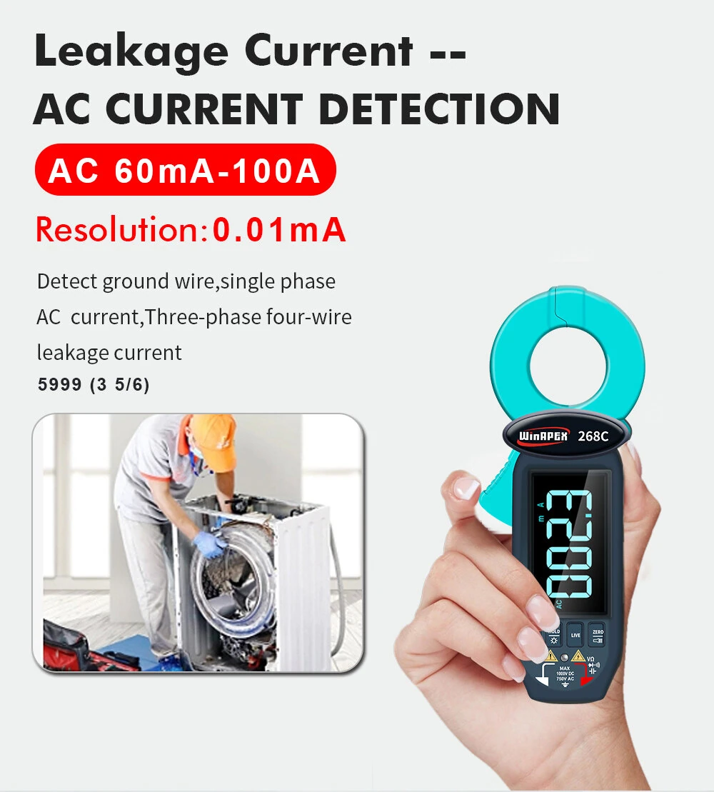 WinAPEX 268C Leakage Current Tester Clamp Meter | 60mA-100A AC | Type-C Rechargeable & Backlit LCD - Image 2
