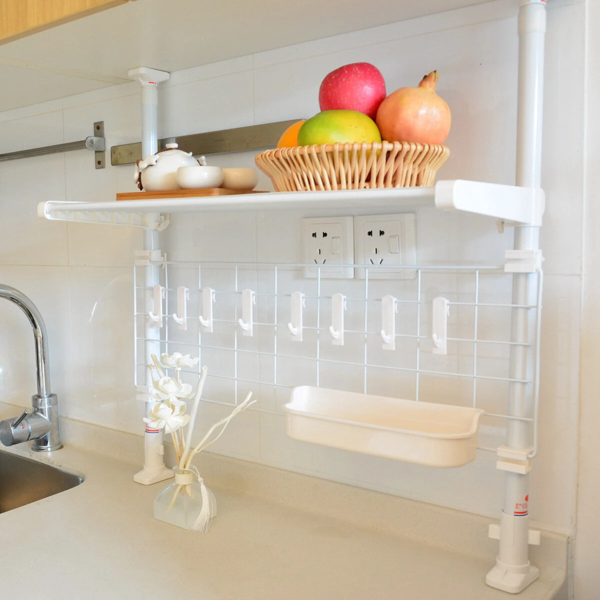 Retractable Kitchen Storage Rack with 8 Hooks - Plate & Pot Shelf for Microwave Oven - Image 2