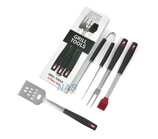 4PCS BBQ Grill Tools Kit - Stainless Steel Utensils with Brush & Tong - Image 3