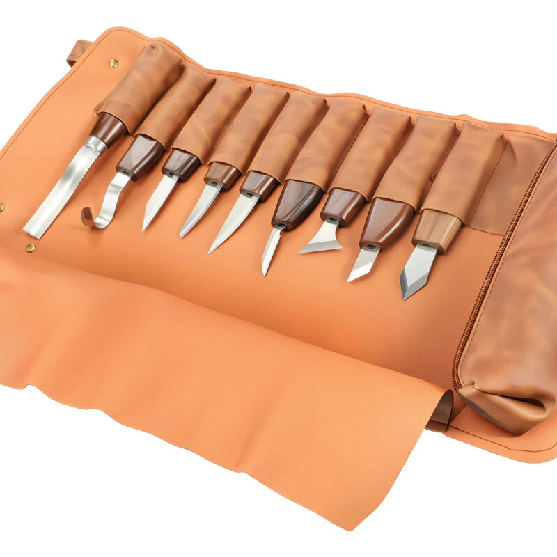 Carving Knife Set 12PCS - Wood Handle Carbon Steel Blades with Leather Roll & Sharpening Kit - Image 3