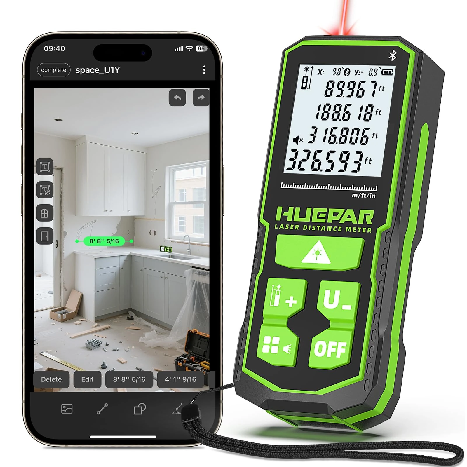 Huepar S60/S100/S120 Laser Distance Meter | Green Beam 60M-120M | Rechargeable with Angle Sensor - Image 2