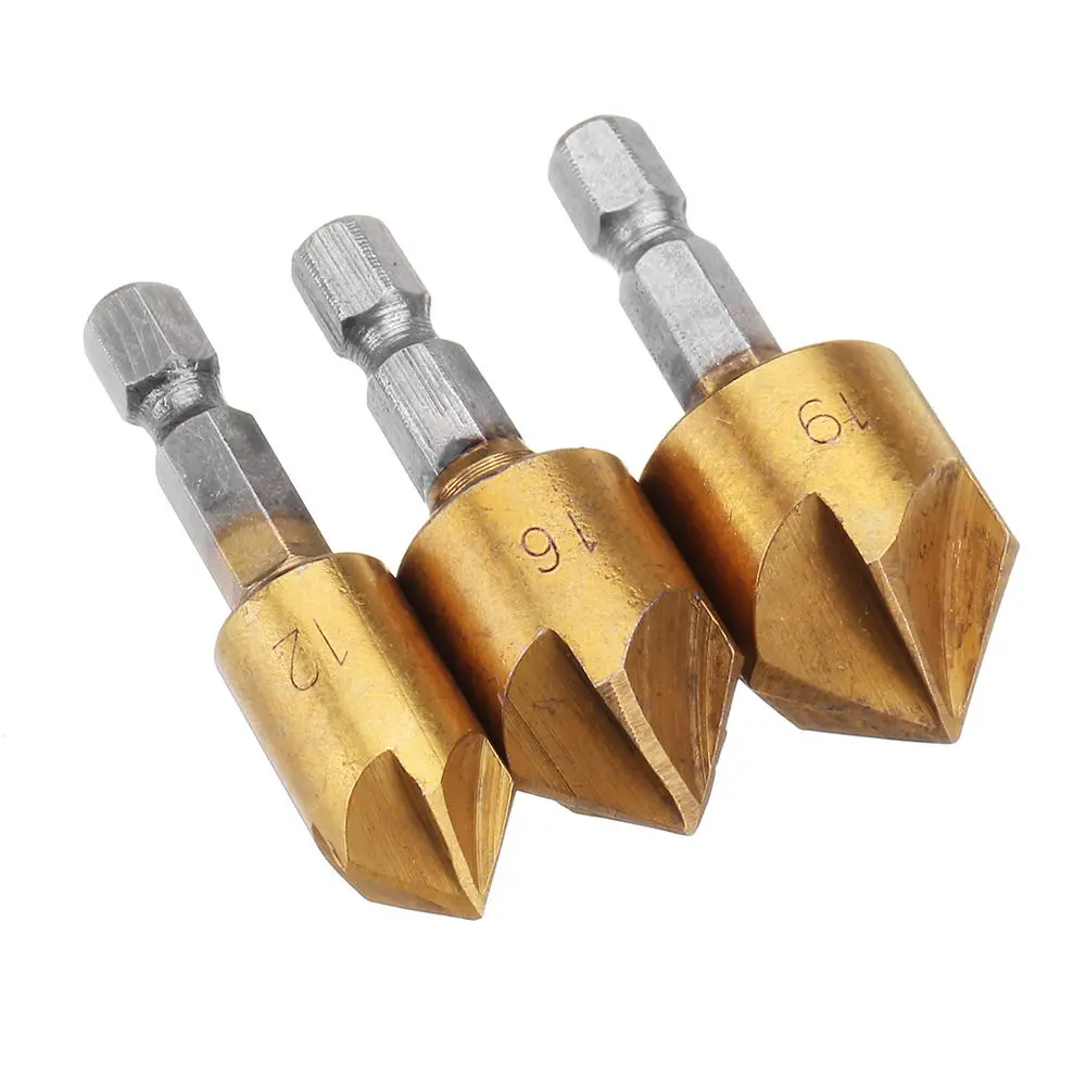 Drillpro 5 Flute Countersink Drill Bit Kit | 12/16/19mm | 1/4 Shank 3pc Set - Image 4