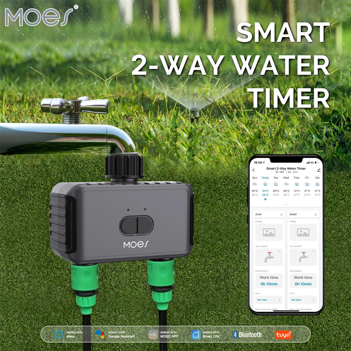 2 Way Bluetooth Smart Garden Sprinkler Timer | Programmable Water Timer with Rain Delay & Filter - Image 2