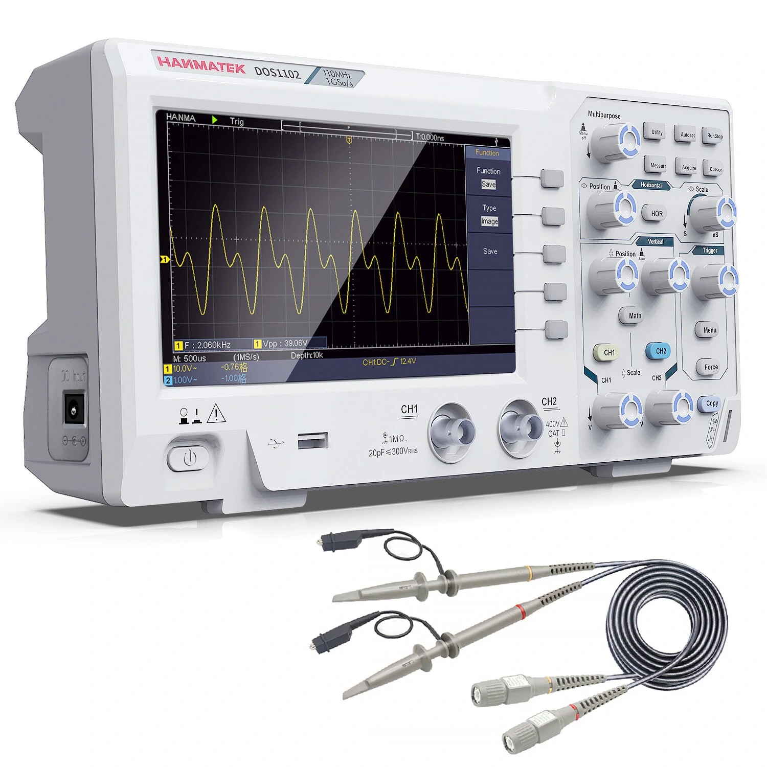 HANMATEK DOS1102 Digital Oscilloscope - 110MHz, 500MS/s, 7 Display, Dual Channel - Image 2