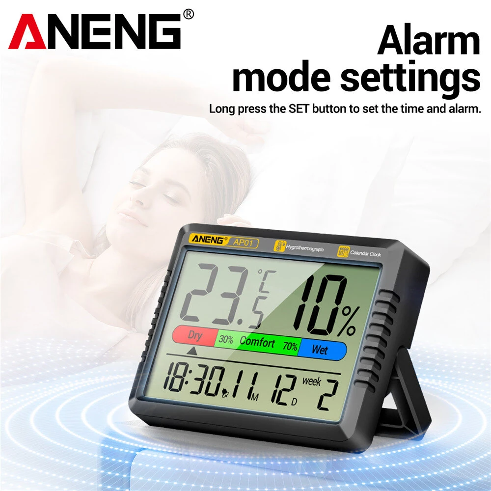 ANENG AP01 Hygrometer Clock - LCD Display Temperature & Humidity | Snooze Mode & Hourly Reminder for Home Office - Image 4