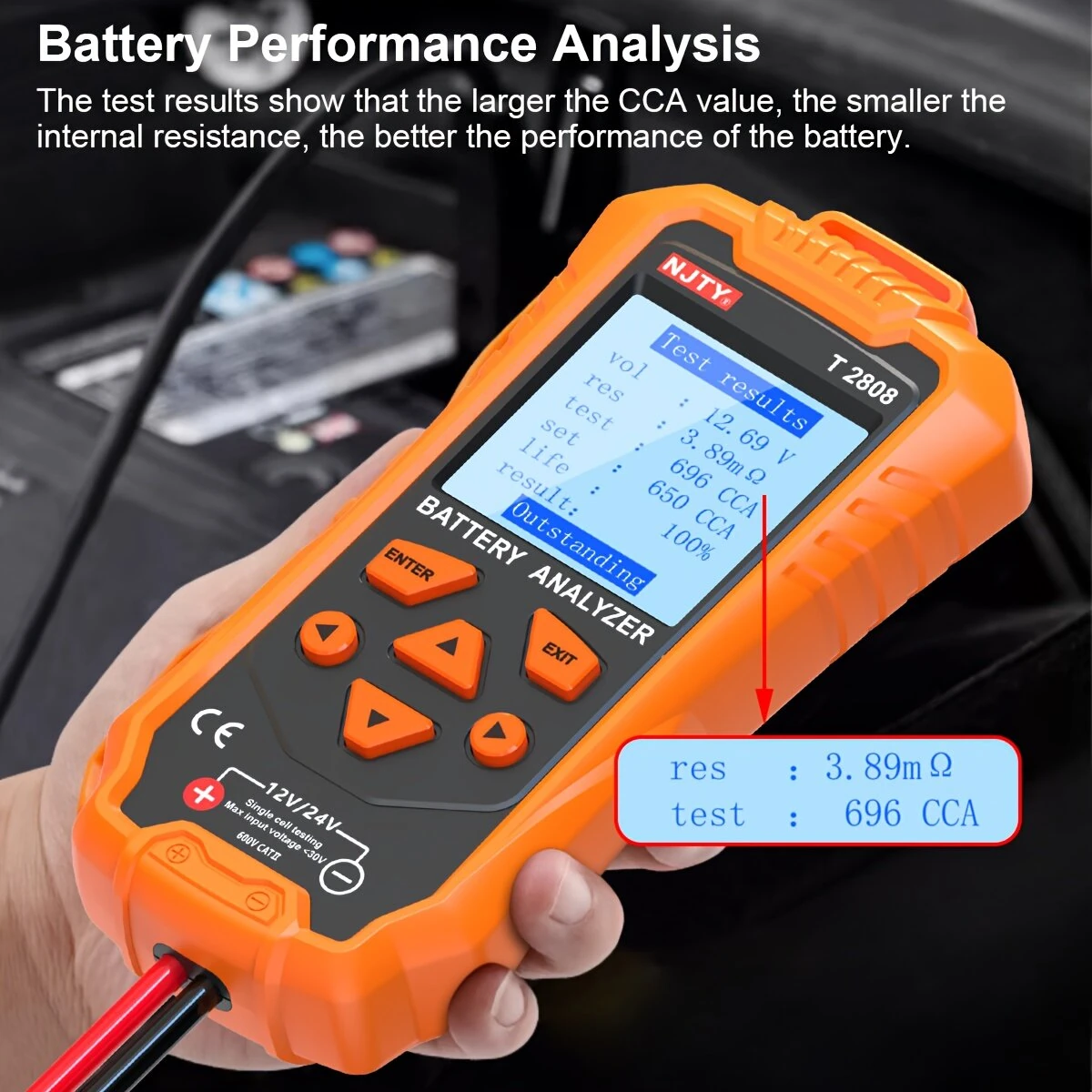 NJTY T2808 Car Battery Tester - 12V 24V Digital Analyzer for Cranking Health & Alternator | CCA Load Tester for Truck RV Marine - Image 5