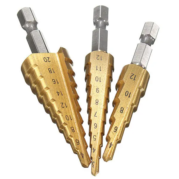 HSS Titanium Step Drill Bit Set - 3pcs 3-12/4-42/4-20mm | Cone Hole Cutter - Image 3