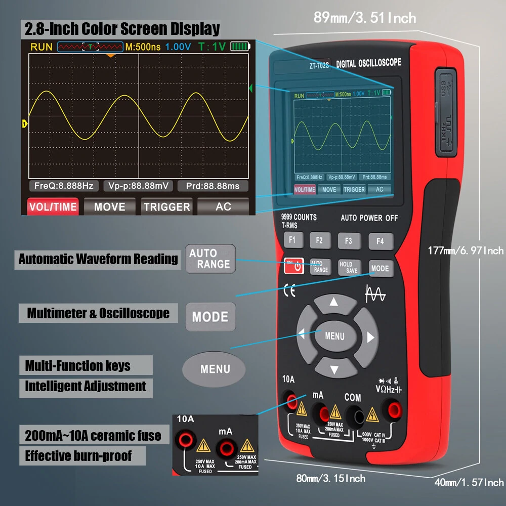 BSIDE ZT702S Multimeter & Oscilloscope - True RMS, 48M/S, 10MHz, PC Data Storage - Image 3