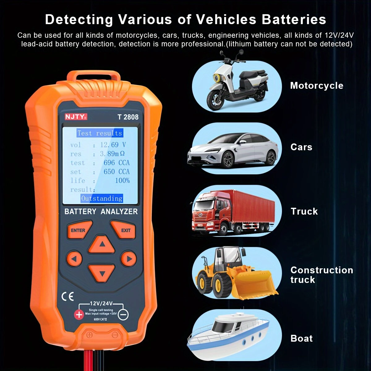 NJTY T2808 Car Battery Tester - 12V 24V Digital Analyzer for Cranking Health & Alternator | CCA Load Tester for Truck RV Marine - Image 3