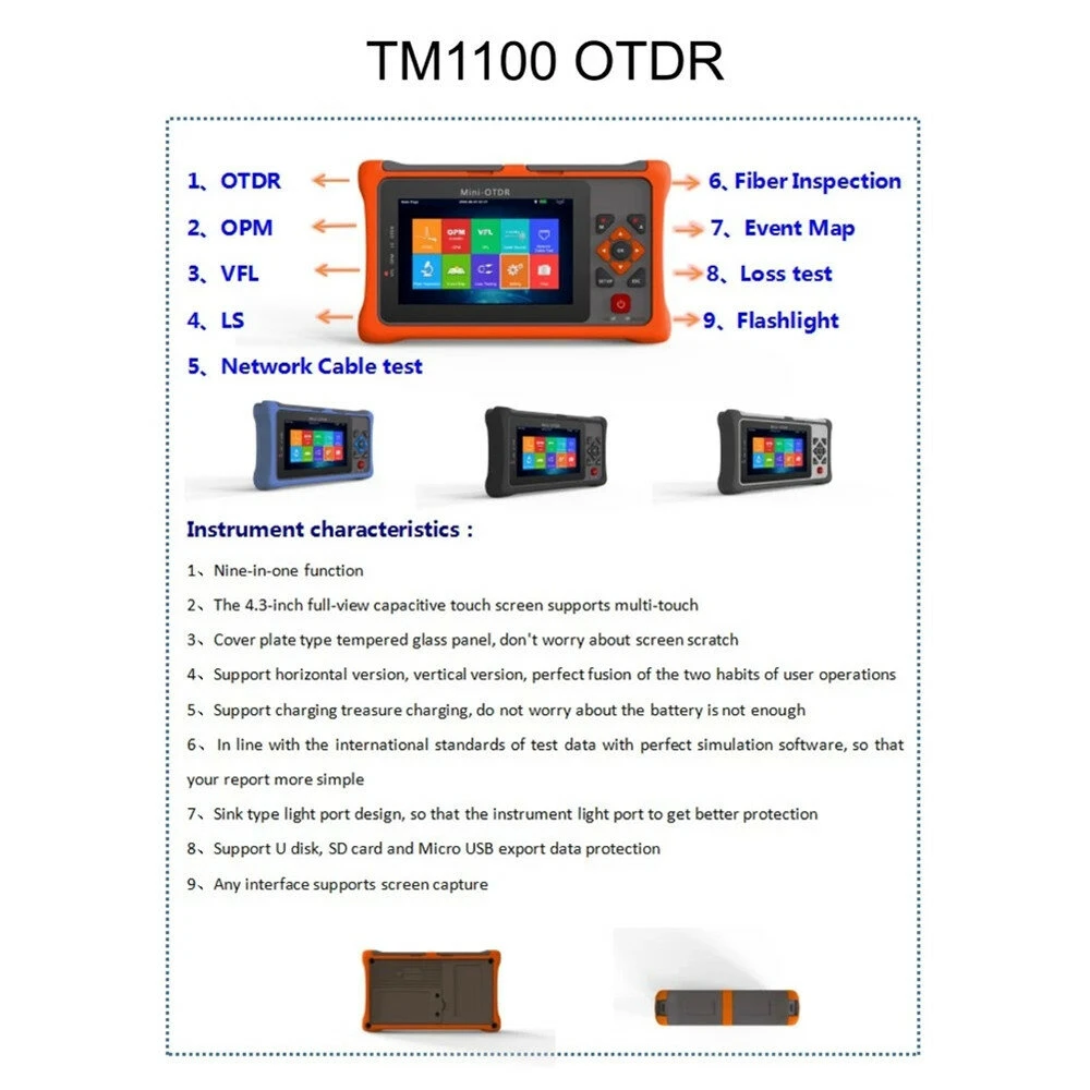 TM1100-A22S Portable Mini OTDR | 1550nm 22dB Fiber Optic Reflectometer | 4.3-Inch Touch Screen - Image 5