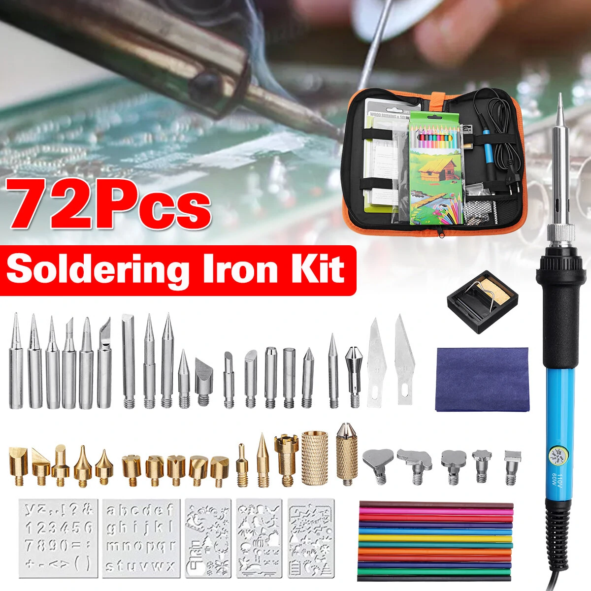 Wood Burning Pen Set - 72pcs Tips & Stencils - Pyrography & Soldering Iron Kit - Image 2