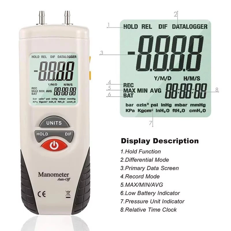 HTI HT-1890 Digital Manometer | Handheld Gas Pressure Gauge with Data Hold - Image 2