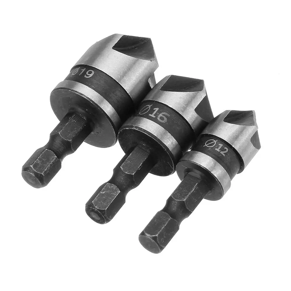 Drillpro 5 Flute Countersink Drill Bit Kit | 12/16/19mm | 1/4 Shank 3pc Set - Image 3