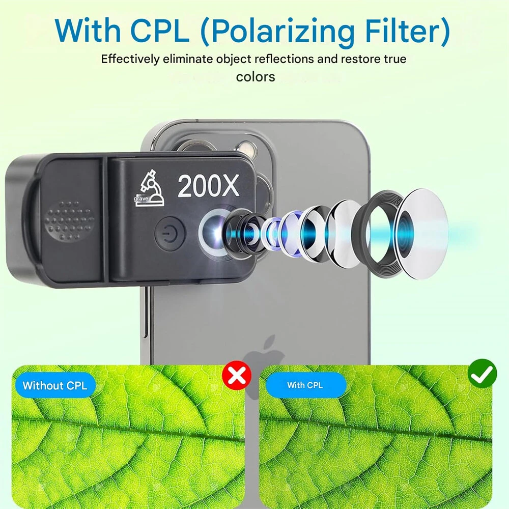 Mobile Phone Microscope - 200x Magnification with LED Light & CPL Filter - Image 3