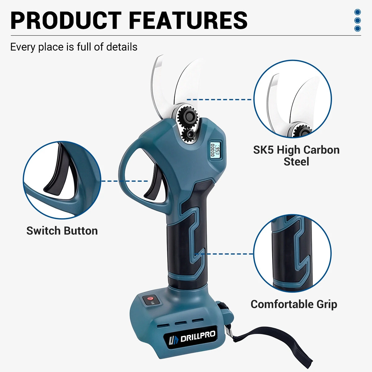 Drillpro 500W Cordless Pruning Shears - 35mm Cut SK5 Steel Blade | Rechargeable - Image 3