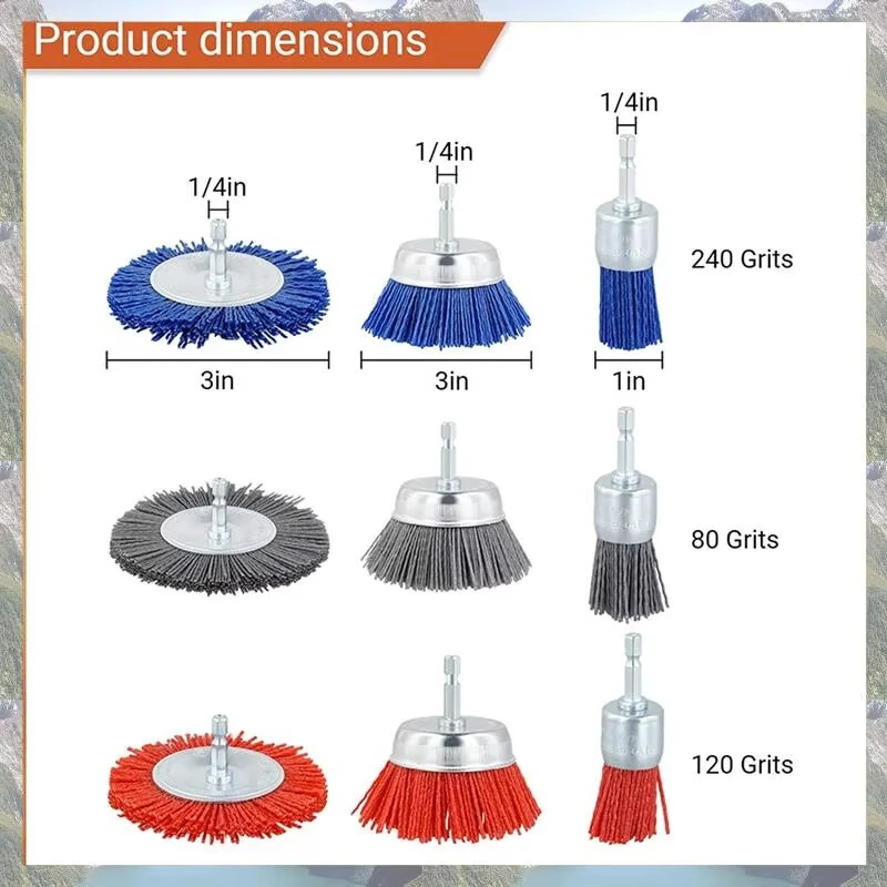 9 PCS Nylon Abrasive Brush Wheel Set - 1/4 Inch Hex Drill Shank for Rust & Paint Removal | Metal Wood Plastic Cleaner - Image 5