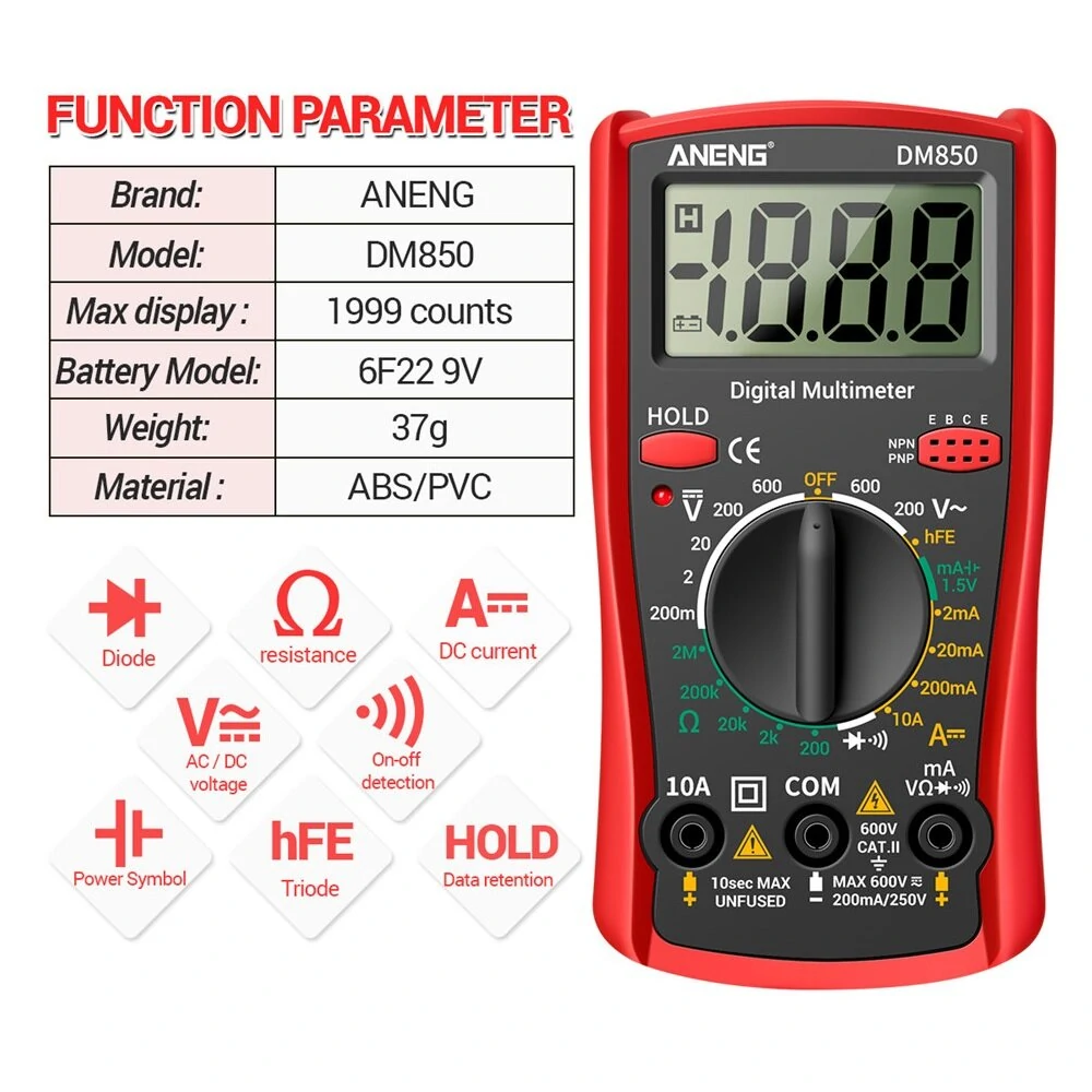 ANENG DM850 Digital Multimeter | 1999 Counts Auto-Ranging | AC/DC Voltage Tester - Image 3