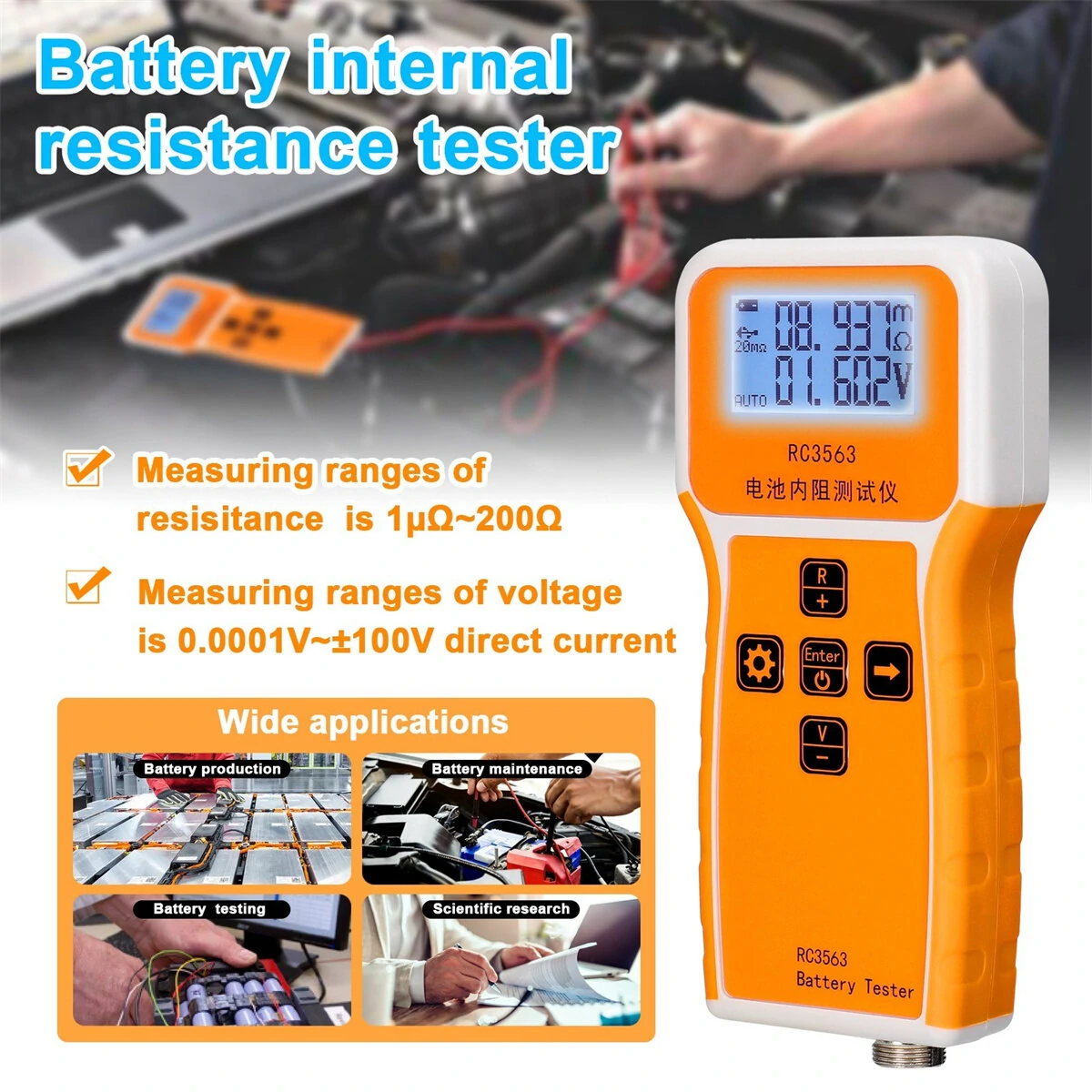 RC3563 Battery Tester - 200Ω 100V Internal Resistance Voltage Meter | 3-Digit Display | Portable 4-Wire AC for Lithium & Lead-Acid - Image 3