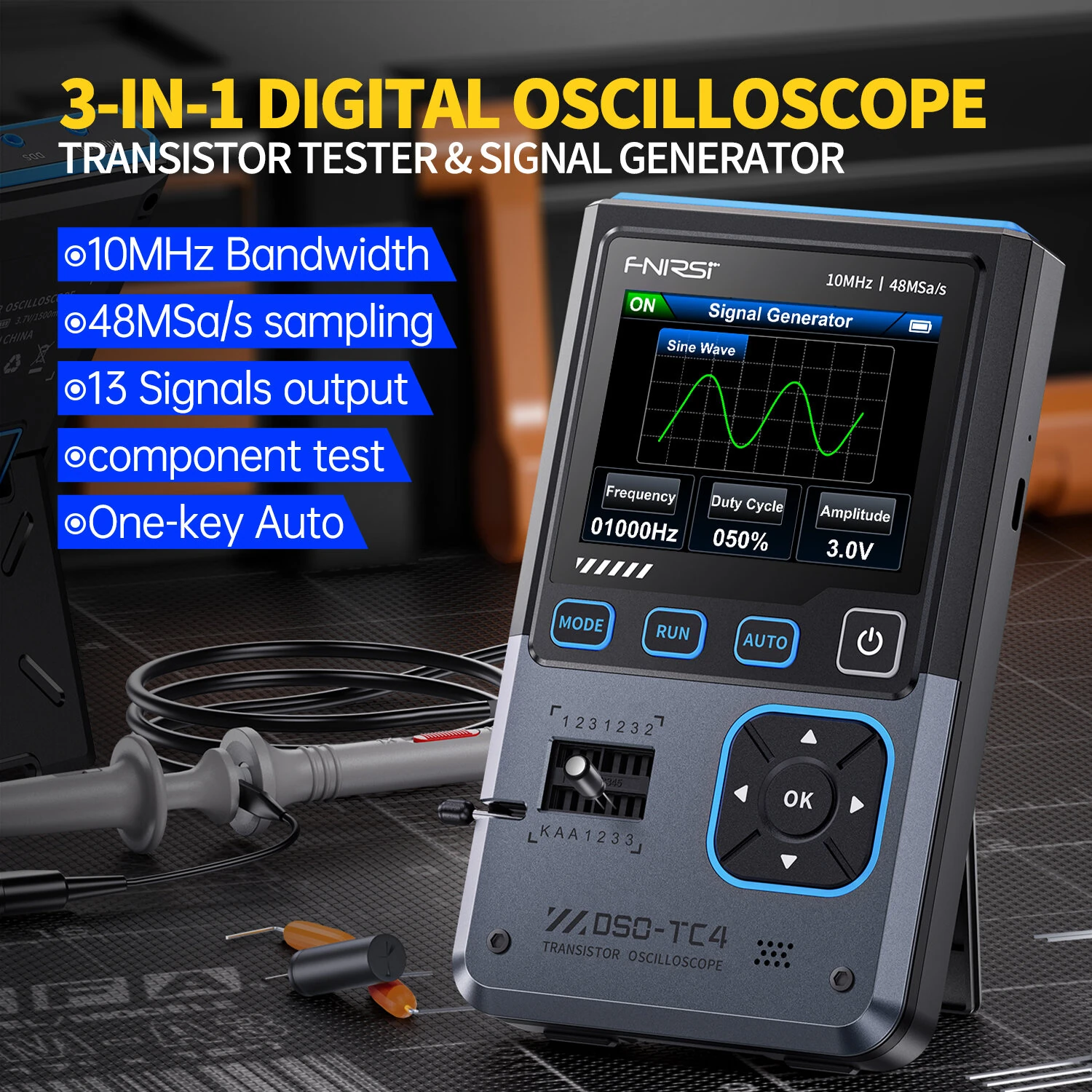 FNIRSI DSO-TC4 3-in-1 Oscilloscope Signal Generator Transistor Tester | 10MHz 48MSa/s | Portable & Rechargeable - Image 2