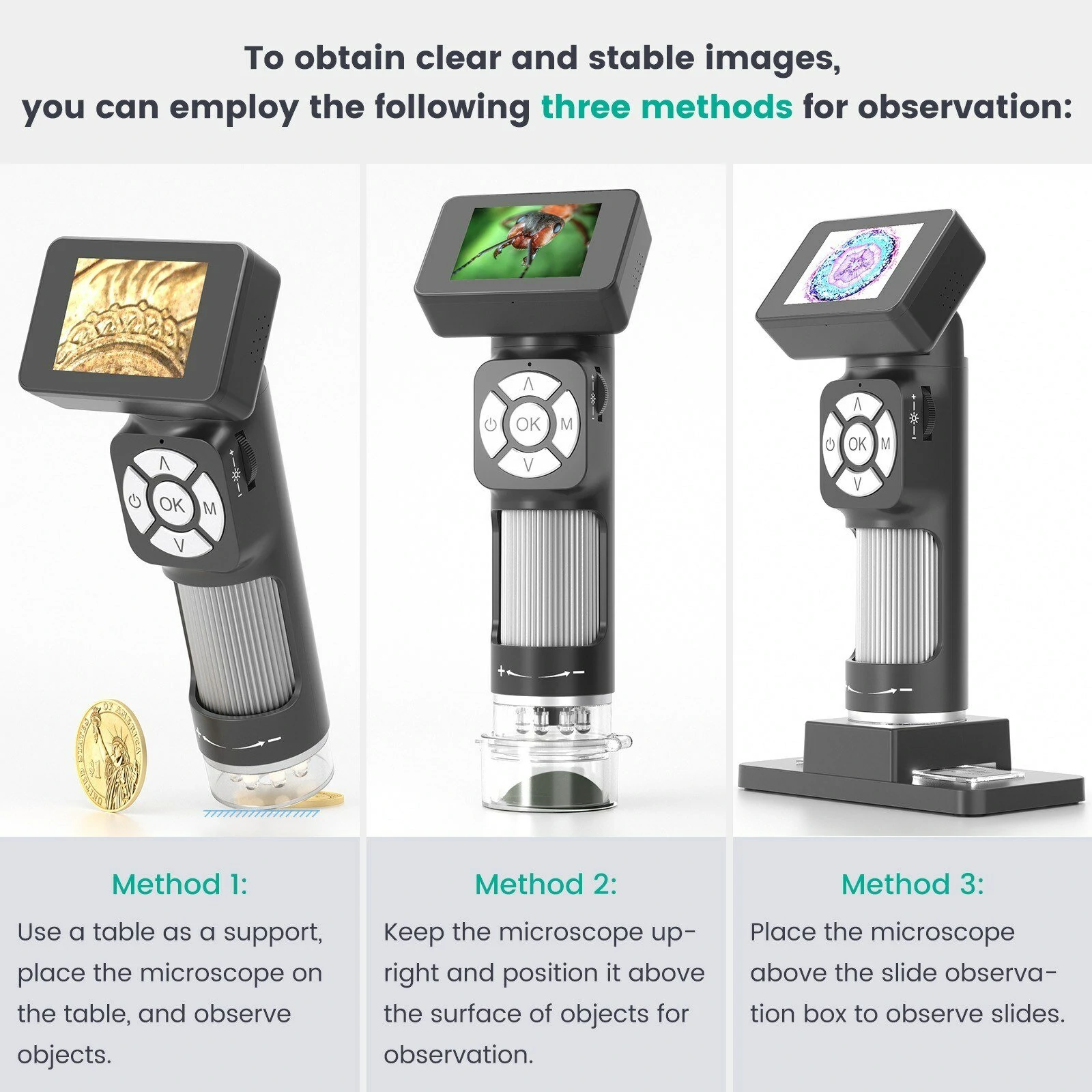 AD112 Portable Digital Microscope - 500X Magnification, 2 LCD Screen, 8 LED Lights, USB for PC - Image 4