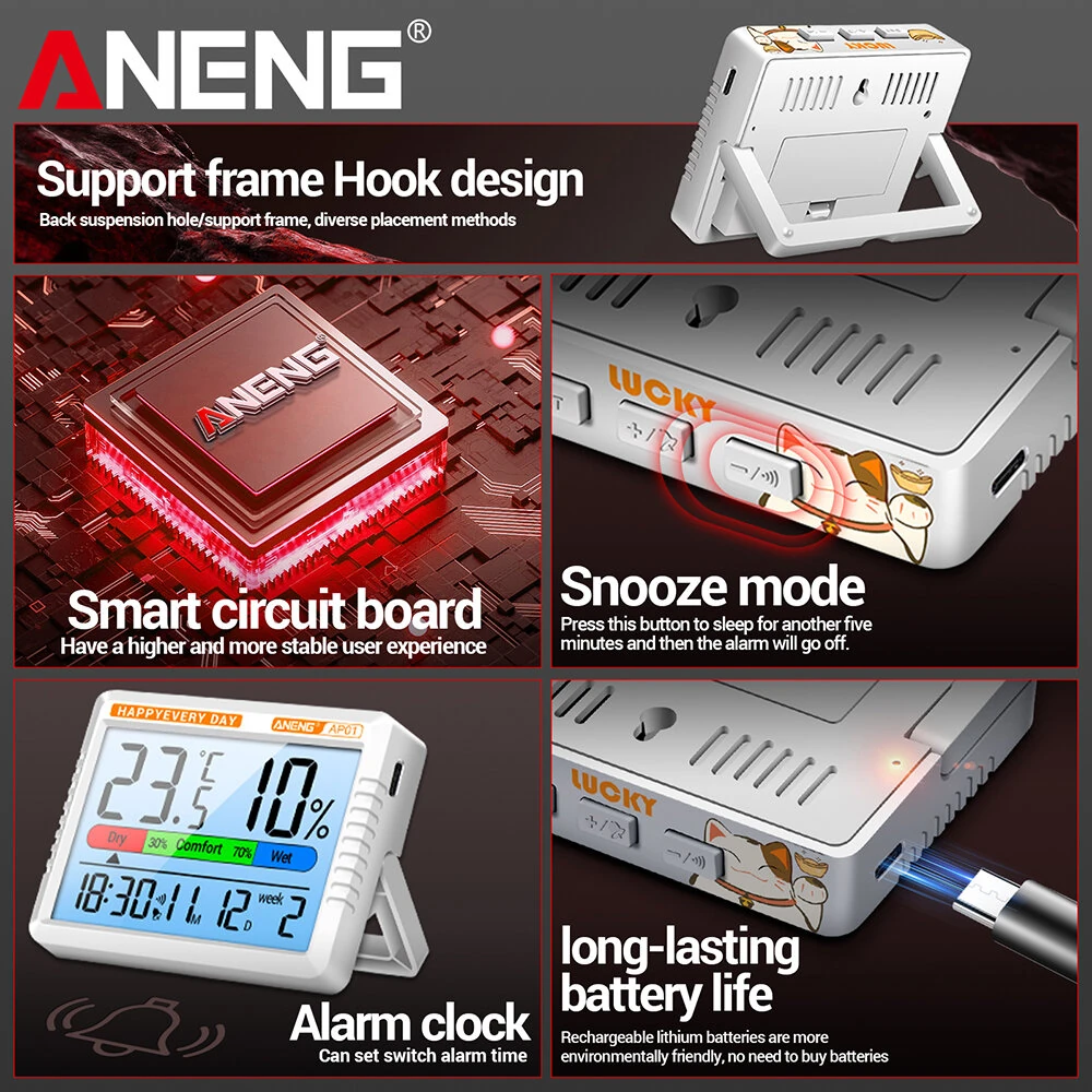 ANENG AP01 Thermohygrometer - Backlit LCD, Temp & Humidity Monitor | Alarm, Calendar, Type-C - Image 4