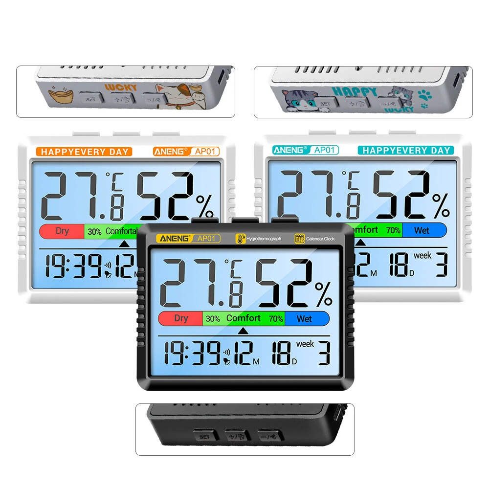 ANENG AP01 Thermohygrometer - Backlit LCD, Temp & Humidity Monitor | Alarm, Calendar, Type-C - Image 2