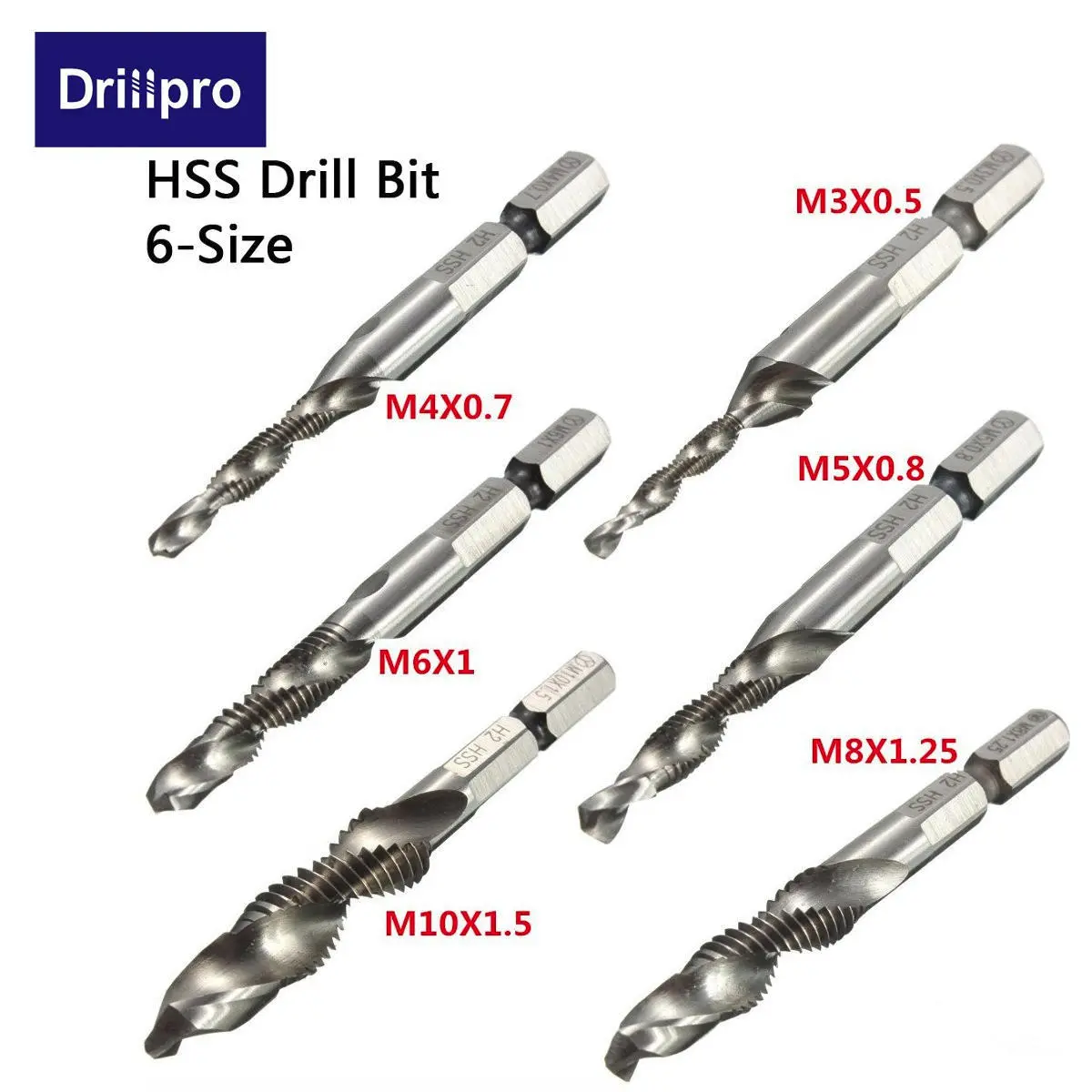 Drillpro DB-C4 HSS 1/4 Inch Hex Shank Drill Tap Bit Set | M3 to M10 Metric - Image 2
