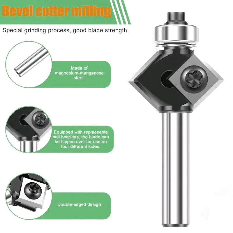 Tungsten Carbide 45° Chamfer Router Bit | 1/4 Inch 6mm 8mm Shank | Double Blade - Image 2