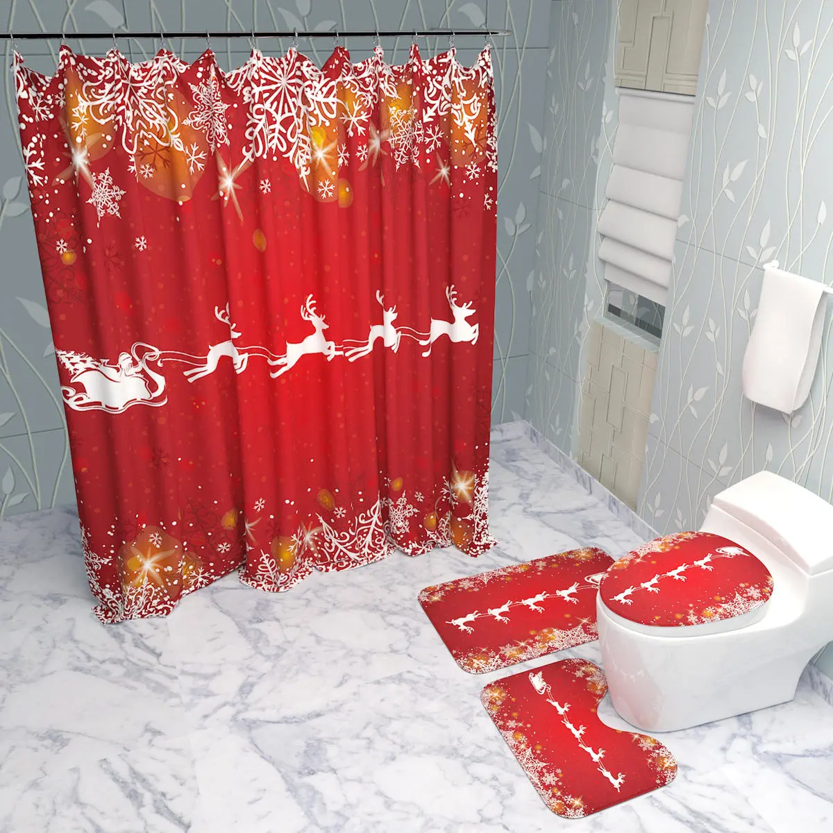 Christmas Decorations Shower Curtain Mat - 180x180cm Anti-Slip Bathroom Rug - Image 2