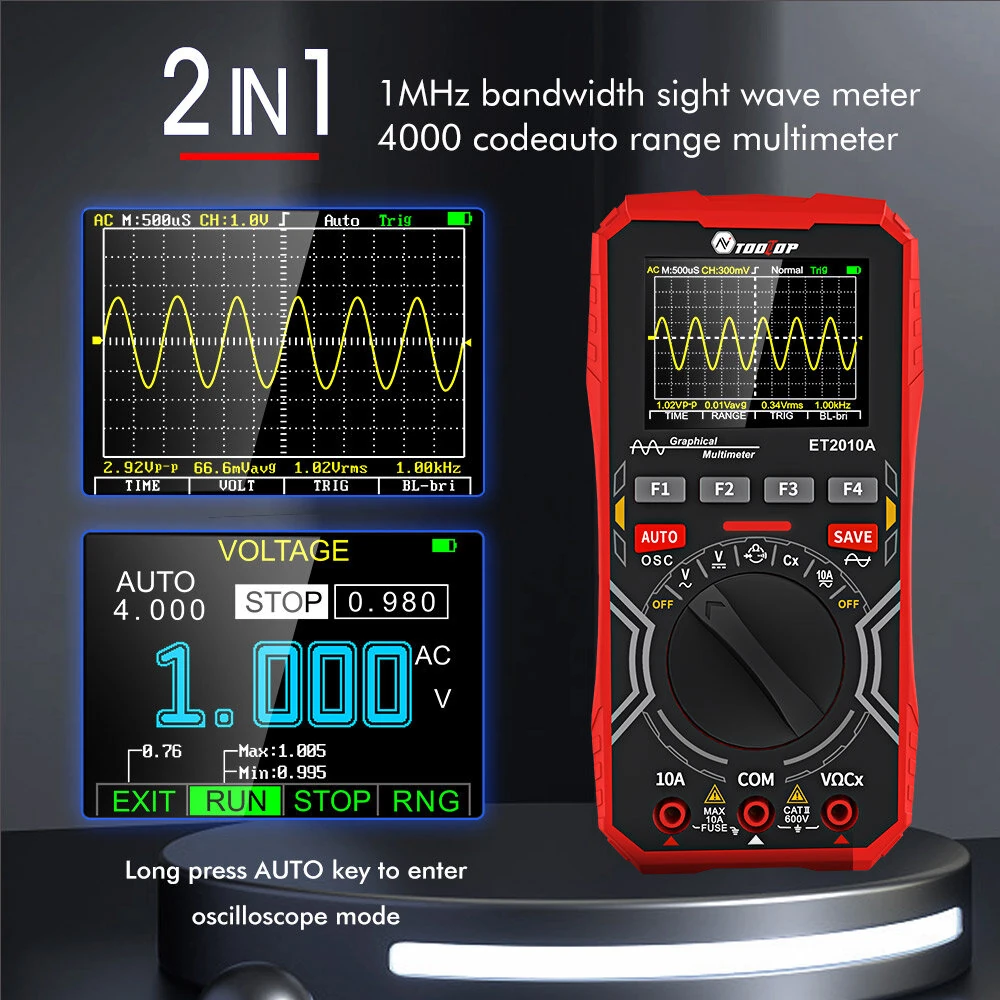 ET2010A Oscilloscope Multimeter | 1MHz Bandwidth 2-in-1 Digital Tester | 2.5Msps - Image 2