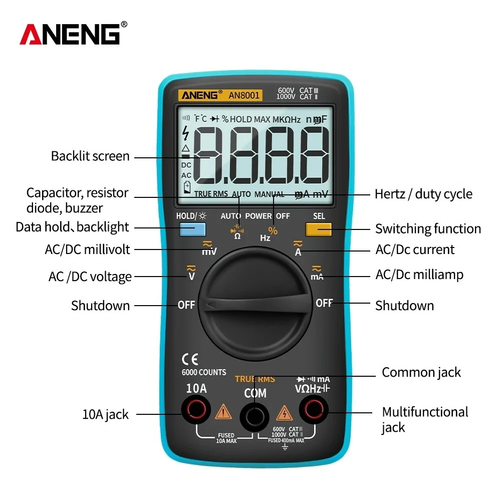 ANENG AN8001Pro True RMS Digital Multimeter - 6000 Counts | AC/DC Voltmeter Ammeter - Image 5