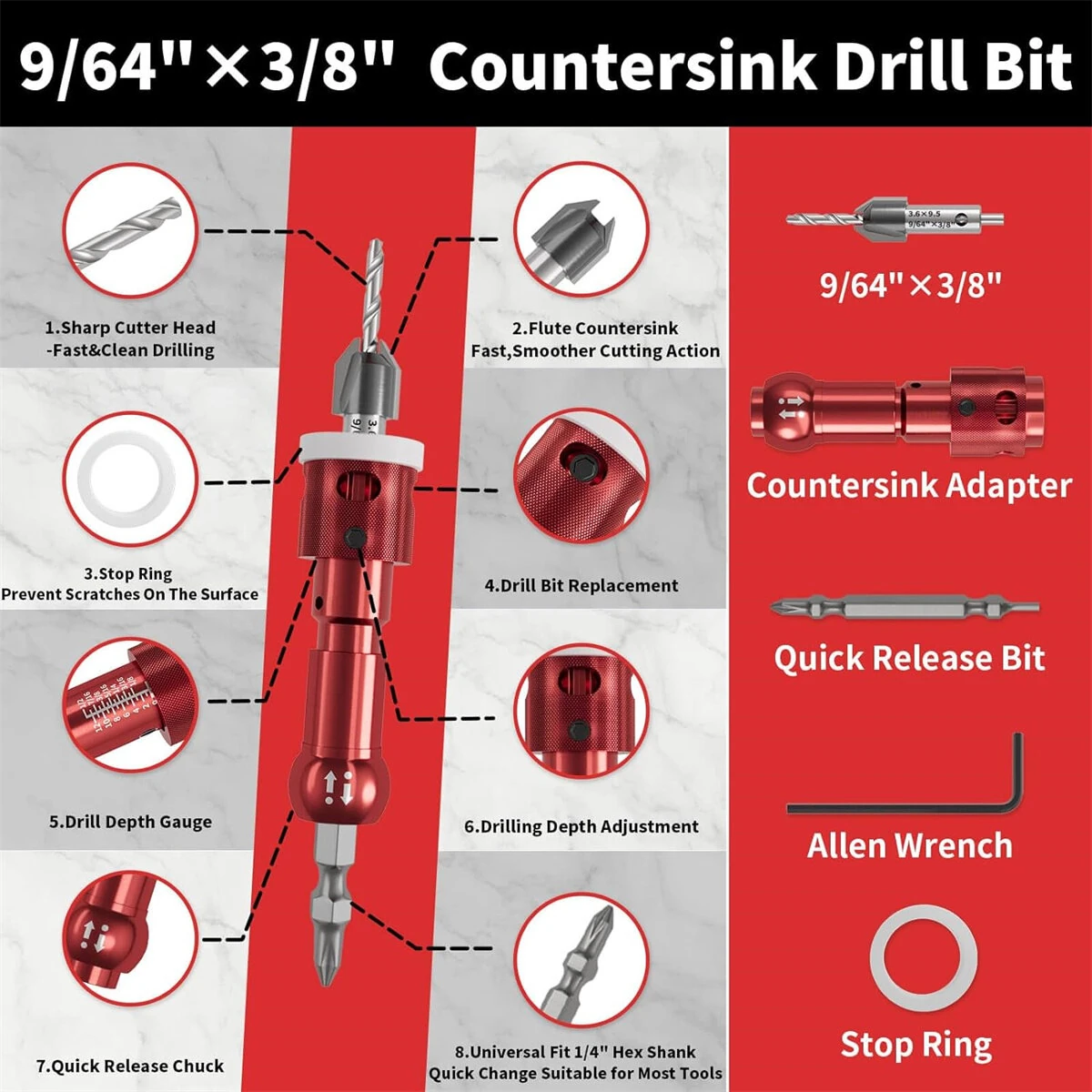 Carbide Tipped Step Drill Bit with Depth Stop | 82 Degree Countersink for Wood Screw Holes | 1/4 Hex Shank - Image 4