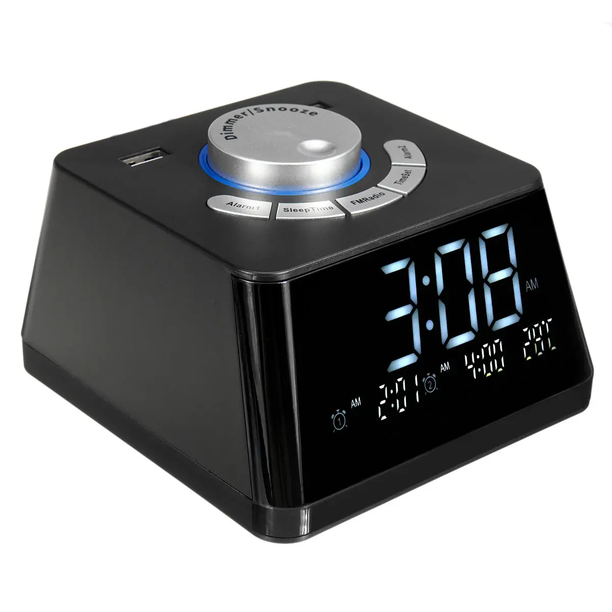 USB 2.0 Digital Alarm Clock - 5 Level Dimming, FM Radio, Multi-Function - Image 2