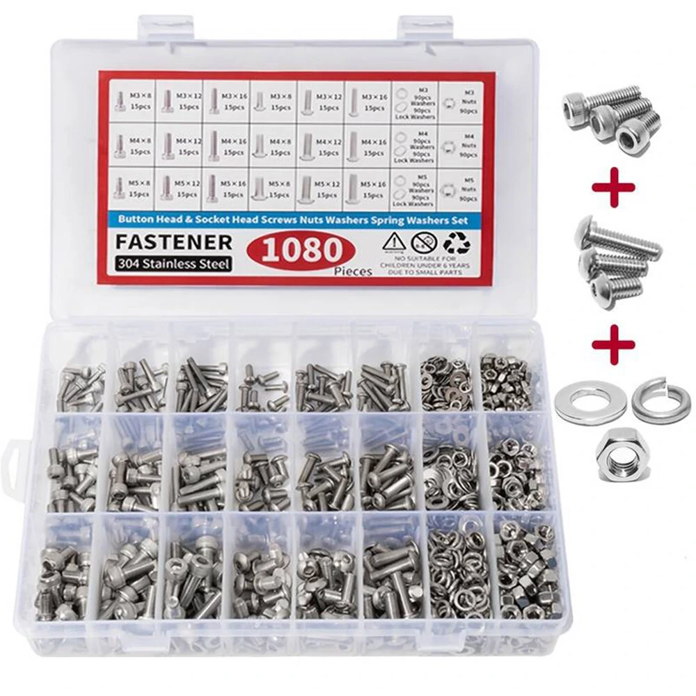 1080pcs Metric Screw Assortment Kit - M3 M4 M5 M6 Bolts & Nuts - 304 Stainless Steel - Image 2
