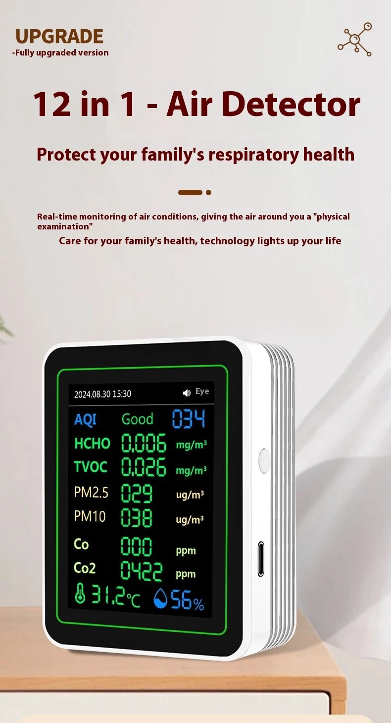 ZN-MT14 Air Quality Monitor | 12-in-1 Formaldehyde & PM2.5 Detector | Rechargeable LCD Display - Image 2