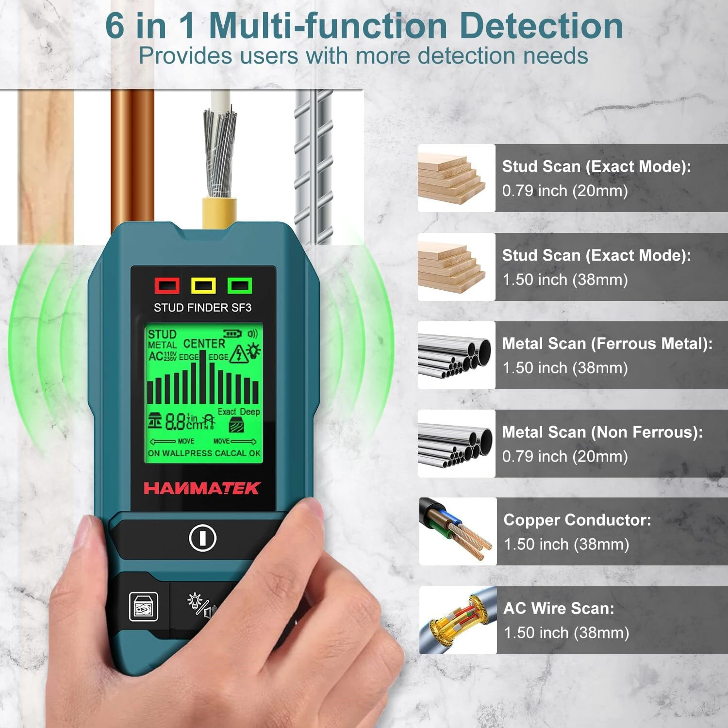 HANMATEK SF3 6-in-1 Stud Finder | Wall Scanner for Wood, Metal & Live Wires - Image 2