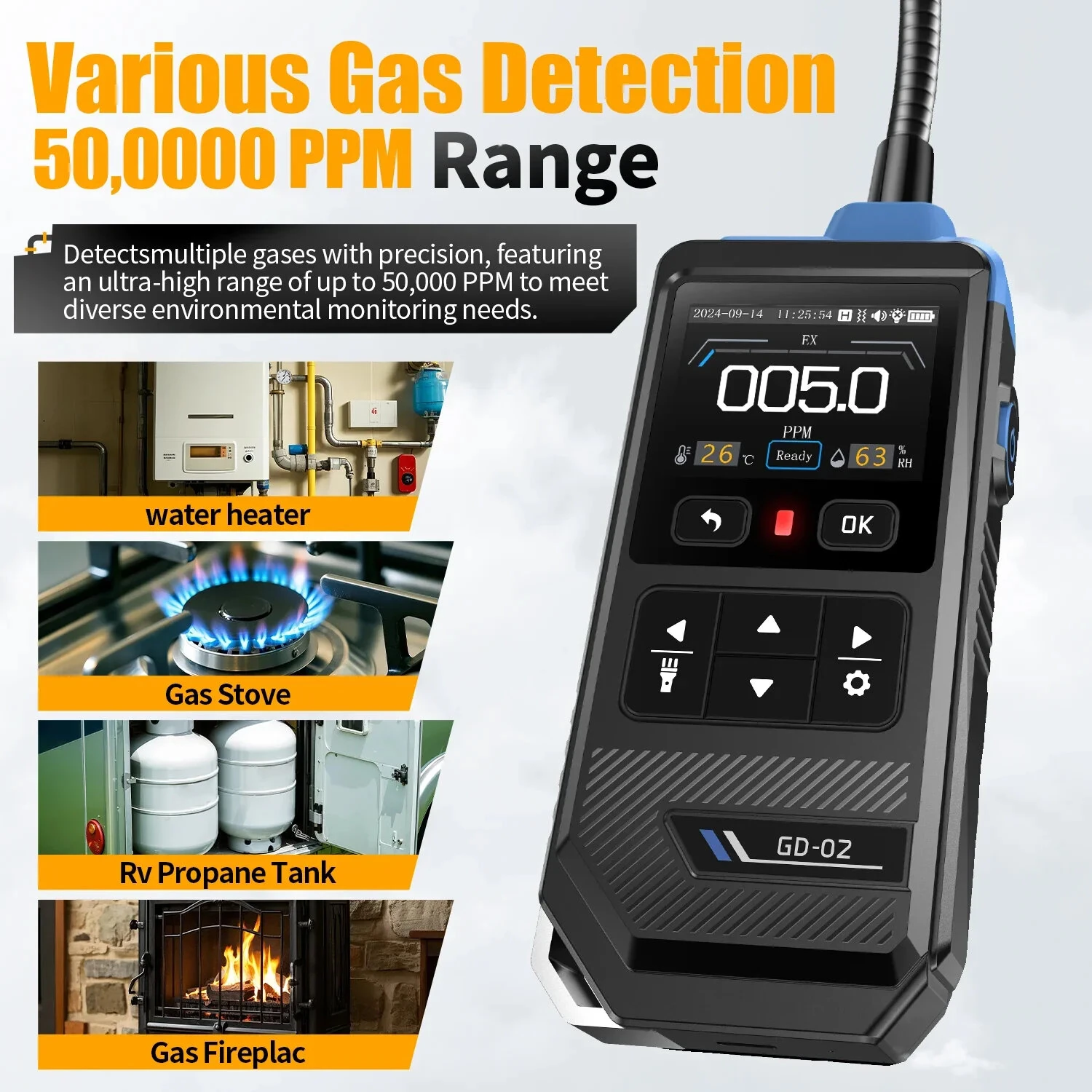 FNIRSI GD-02 Portable Gas Detector | Methane Propane Isobutane | 36cm Flexible Probe - Image 3