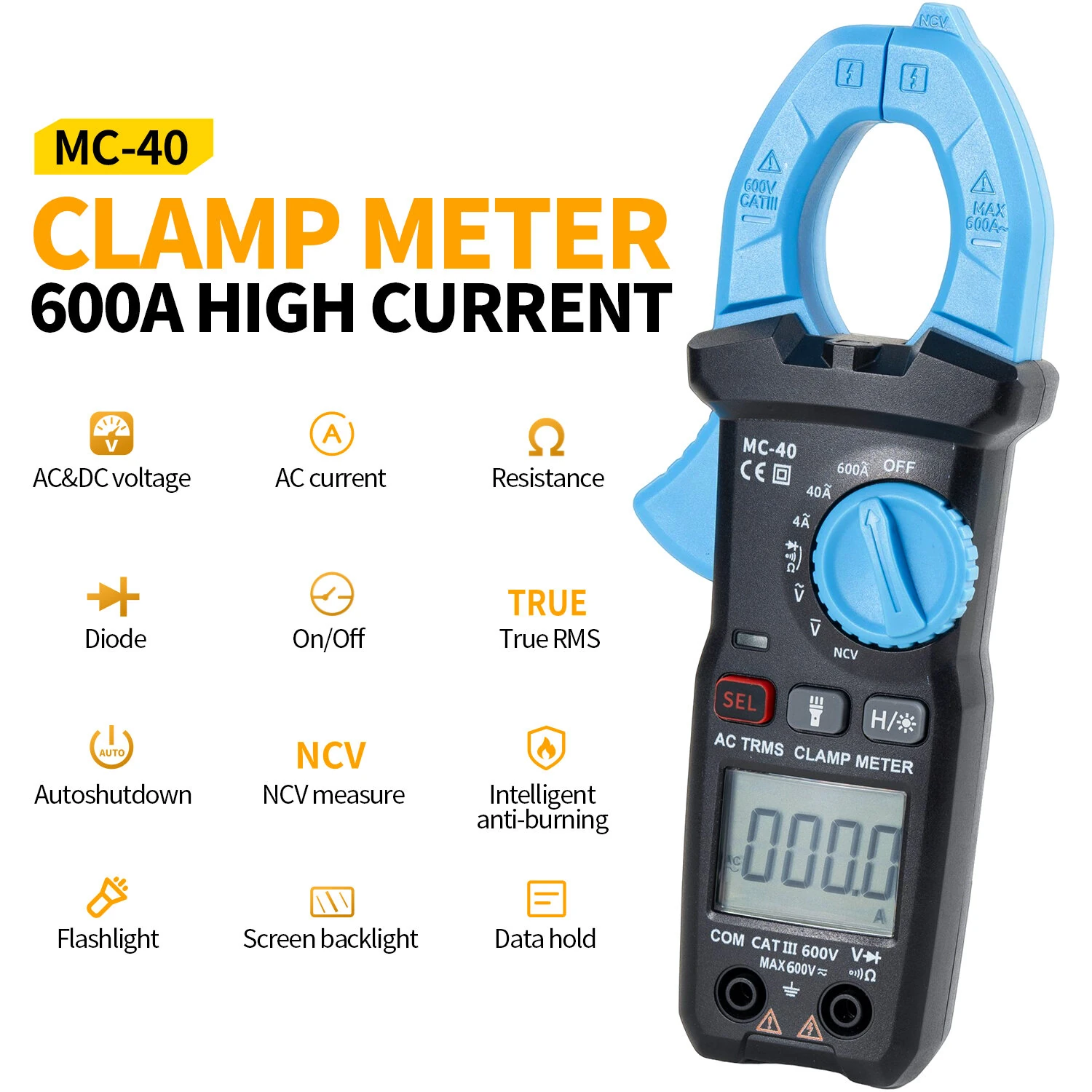 FNIRSI MC-40 600A True RMS Clamp Meter - Auto Ranging Multimeter with NCV & Backlight - Image 2