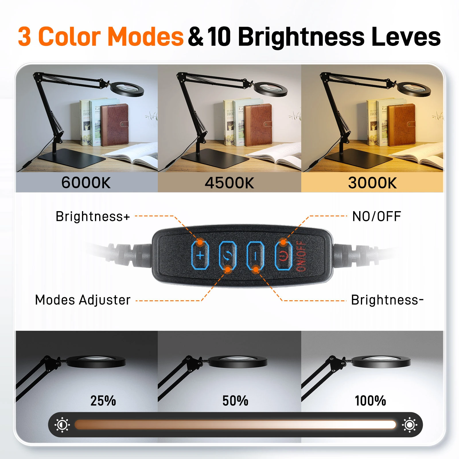 MUSTOOL 10X Magnifying Lamp with Clamp | 5In Large Glass Lens, 3 Color Modes & Dimmable - Image 4