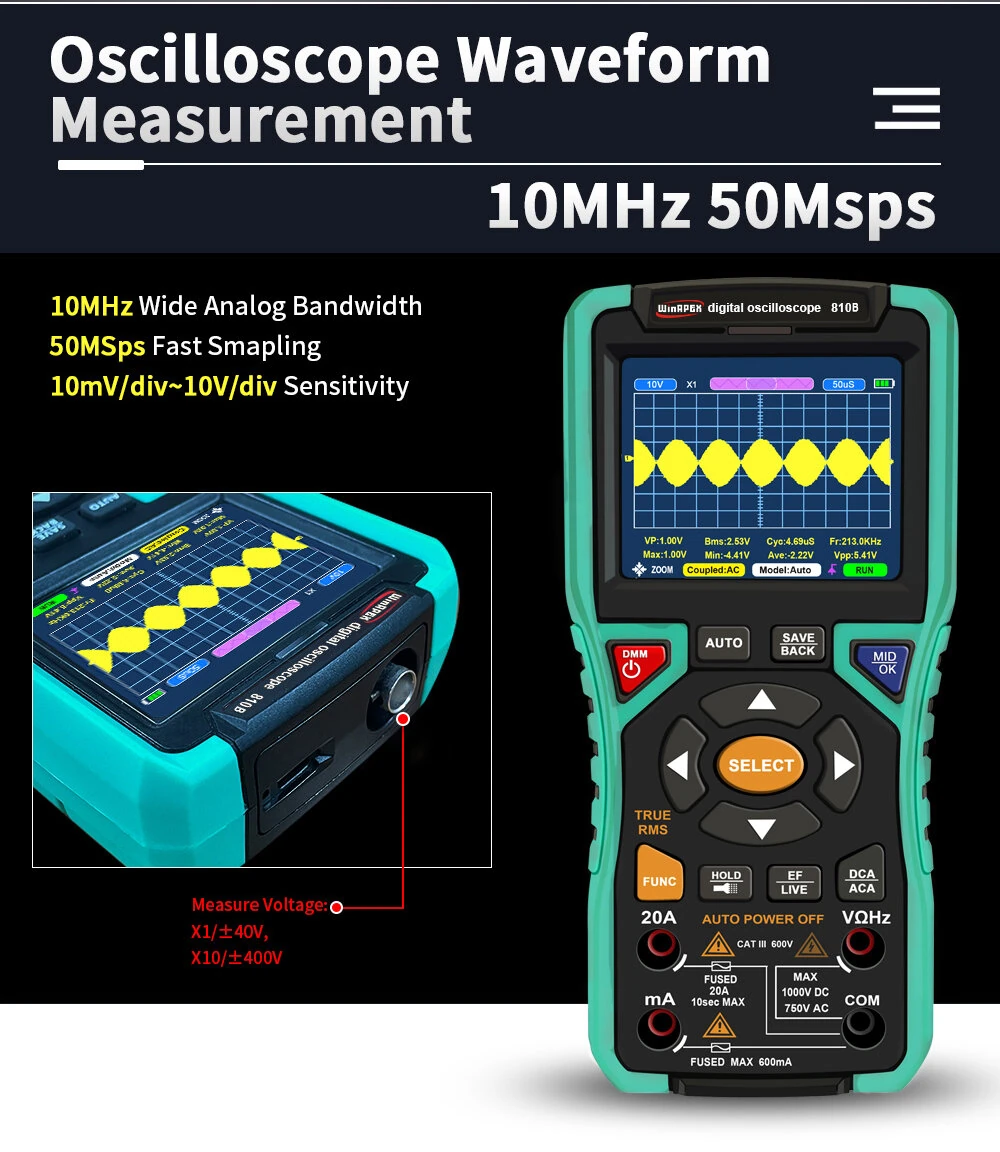 WINAPEX 810B 2IN1 Digital Oscilloscope Multimeter | 10MHz 50MSa/s | ±400V Protection - Image 3