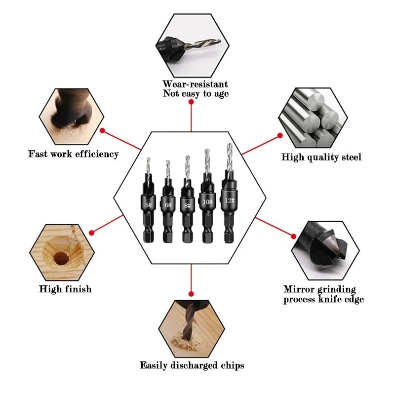 5pcs Countersink Drill Bit Set for Screw Sizes #5 #6 #8 #10 #12 | Pilot Holes - Image 4