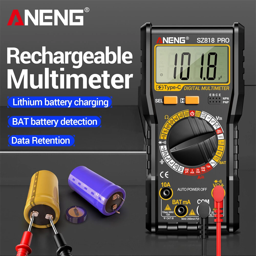 ANENG SZ818PRO Digital Multimeter - True RMS 1000V 10A | Type-C Rechargeable NCV Tester - Image 2
