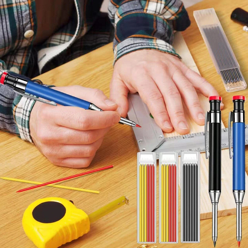 Metal Solid Carpenter Pencil Set - Deep Hole Marker with Refill Leads | Woodworking Tool - Image 2