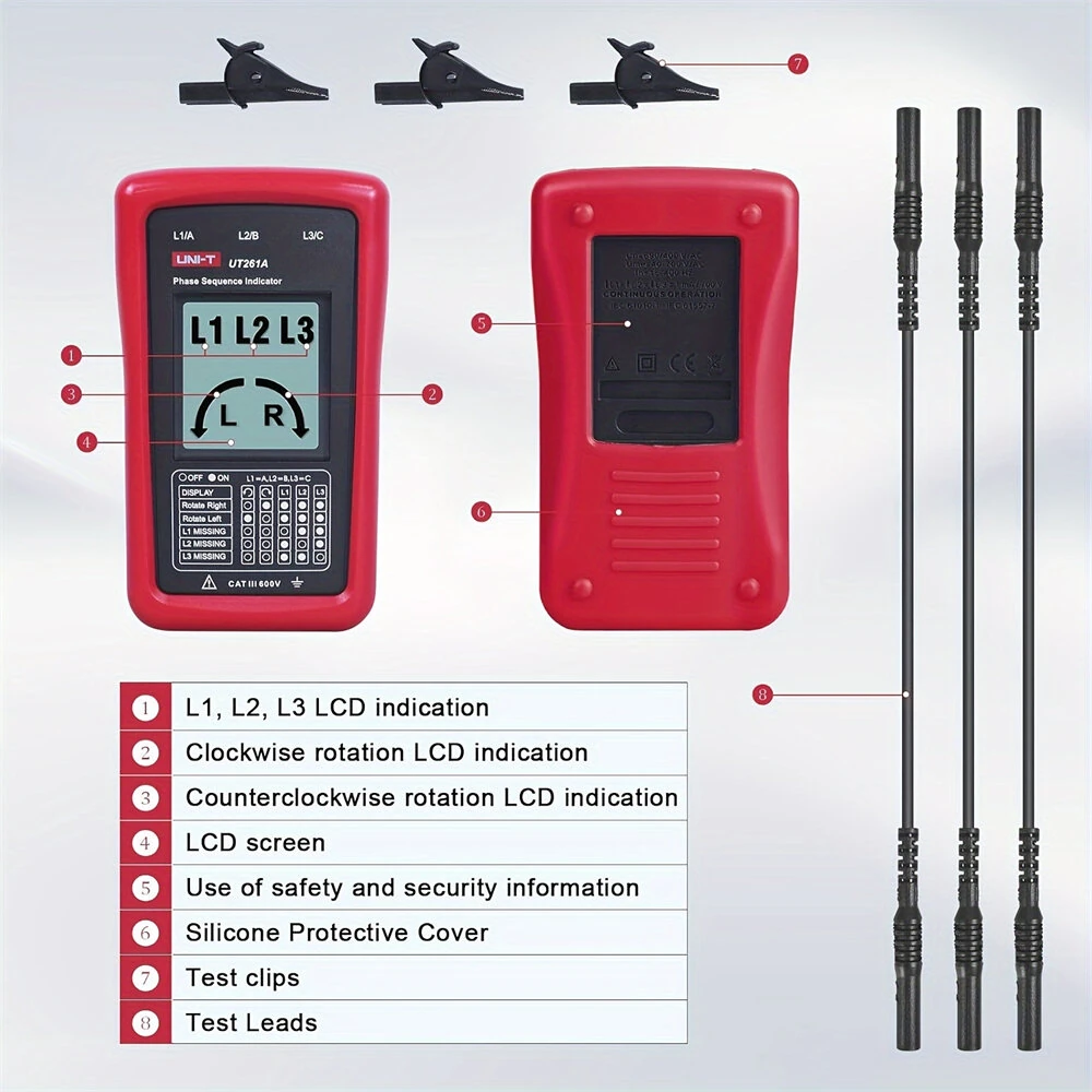 UNI-T UT261A 3 Phase Rotation Tester | 40V-690V AC | CAT III 600V | LCD Display - Image 4