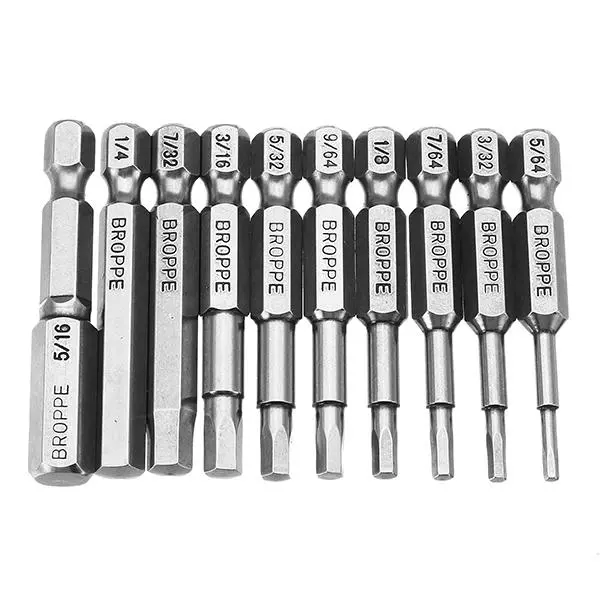 Broppe 10pcs SAE 5/64-5/16 Hex Head Screwdriver Bits 1/4 Shank Magnetic - Image 3