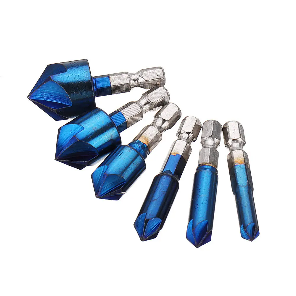 6-19mm Countersink Drill Bit Set - 6pcs 5 Flute Hex Shank | Nano Blue Coated - Image 2